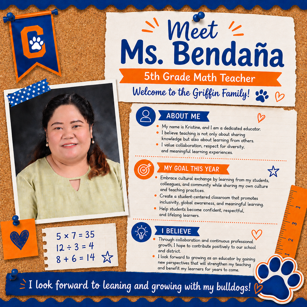 A colorful bulletin board displays an introduction to Ms. BendaΓ±a, a 5th-grade math teacher, with her photo, a paw print, and her teaching goals.