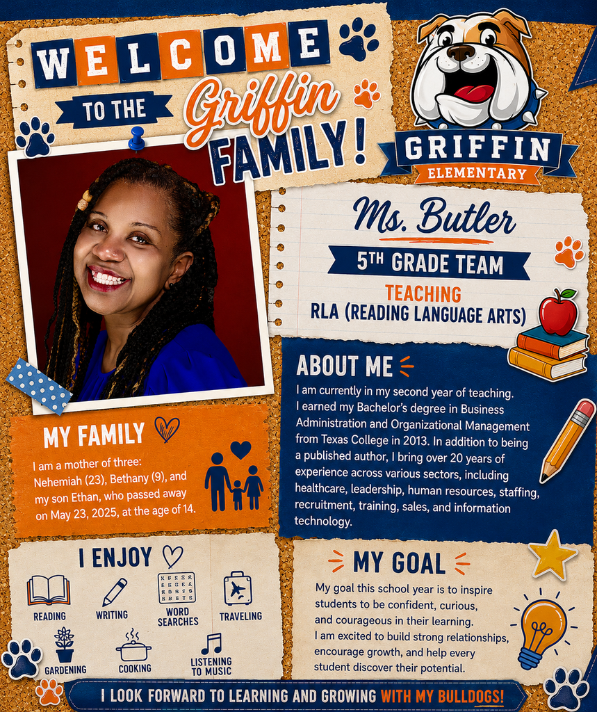 A welcome poster with Ms. Butler, a teacher, smiling and holding a book. Includes a family photo.