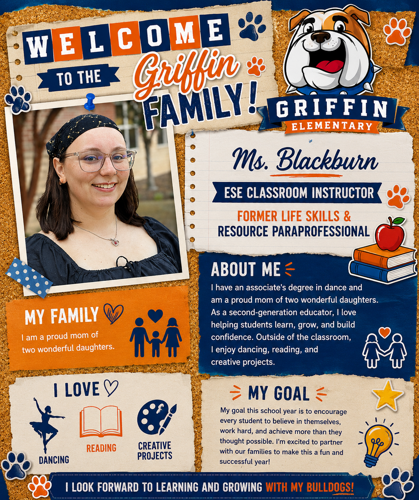 A bulletin board introduces Ms. Blackburn, an elementary classroom instructor and resource paraprofessional. It features her photo and a description.