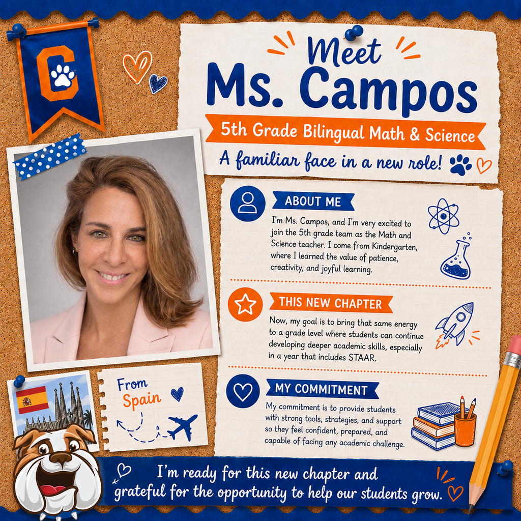 A bulletin board displays a teacher introduction. A smiling woman is pictured with a blue banner. Sections include About Me, New Chapter, and Commitment.