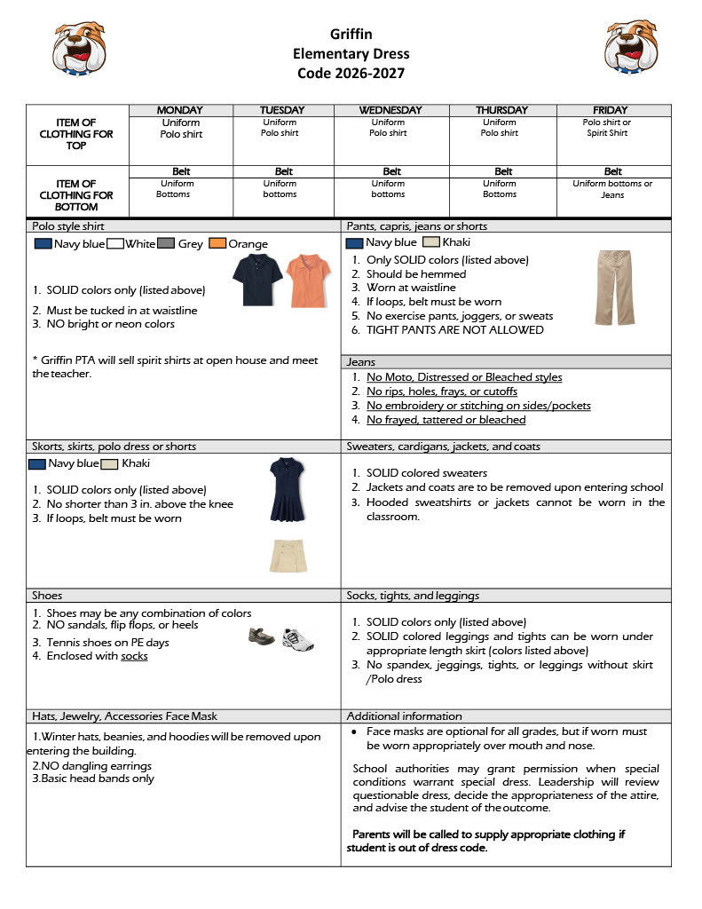 A document outlines Griffin Elementary's dress code for 2026-2027. It includes specific rules for tops, bottoms, shoes, and accessories, with examples of acceptable and non-acceptable clothing.