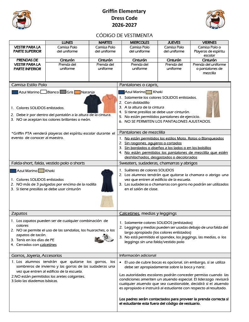A document with a logo, text in Spanish, and clothing icons. A chart lists color codes for different items.