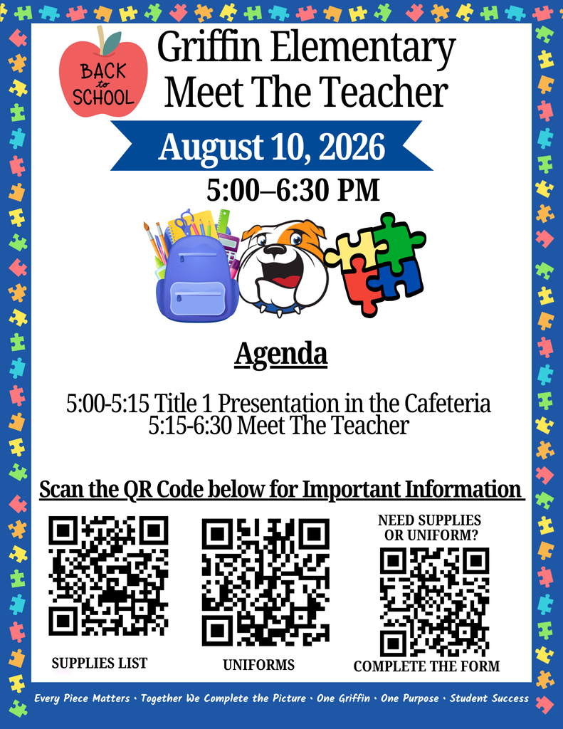 White poster with a blue border featuring blue text. It reads, "Griffin Elementary Meet The Teacher" with the date August 10, 2026.
