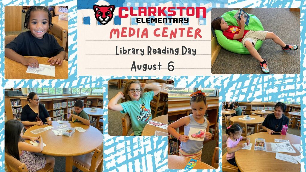 A collage of children in a library, seated at tables and in bean bags, reading books.