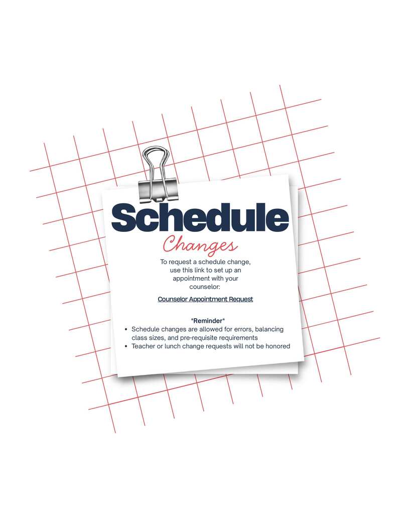 "Schedule Changes" label with a paper clip. Gridded background. Text and logo in blue. White border.