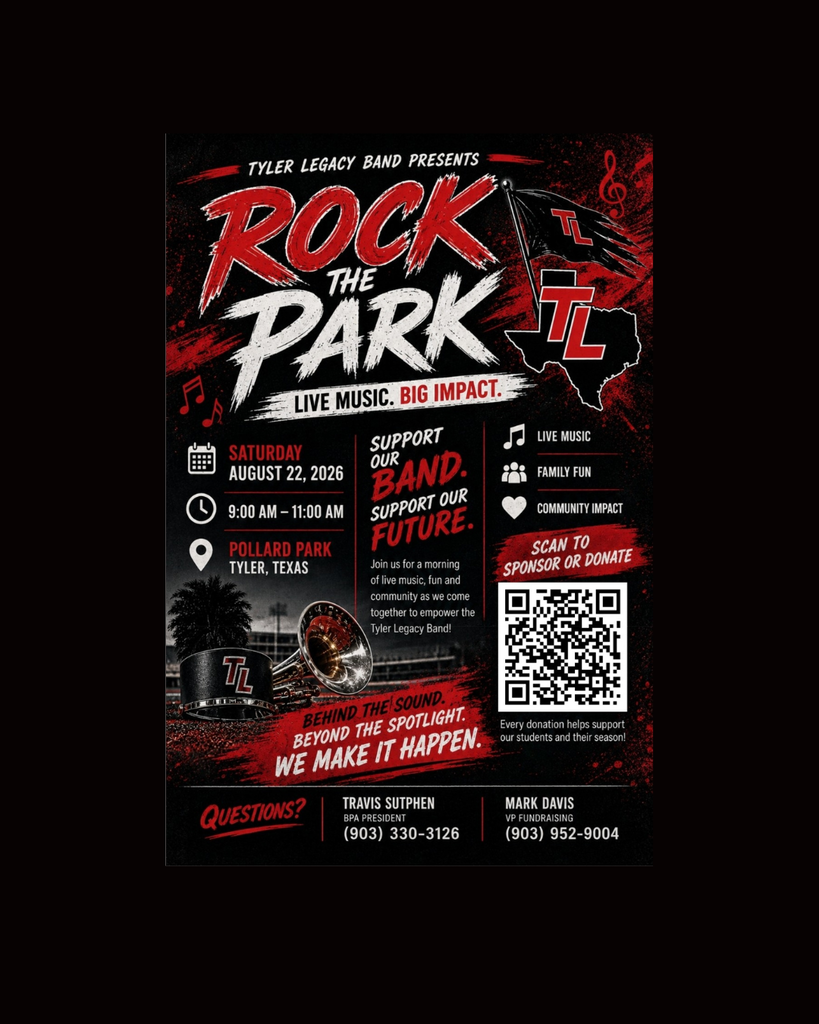 Black background with red text. "Rock the Park" at top, date below. QR code on right, logo and text on left. Musical notes and instruments.