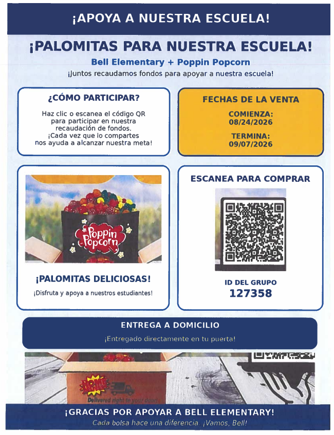 A colorful flyer with text in both English and Spanish. It features a box of popcorn, a QR code, and a donation form.