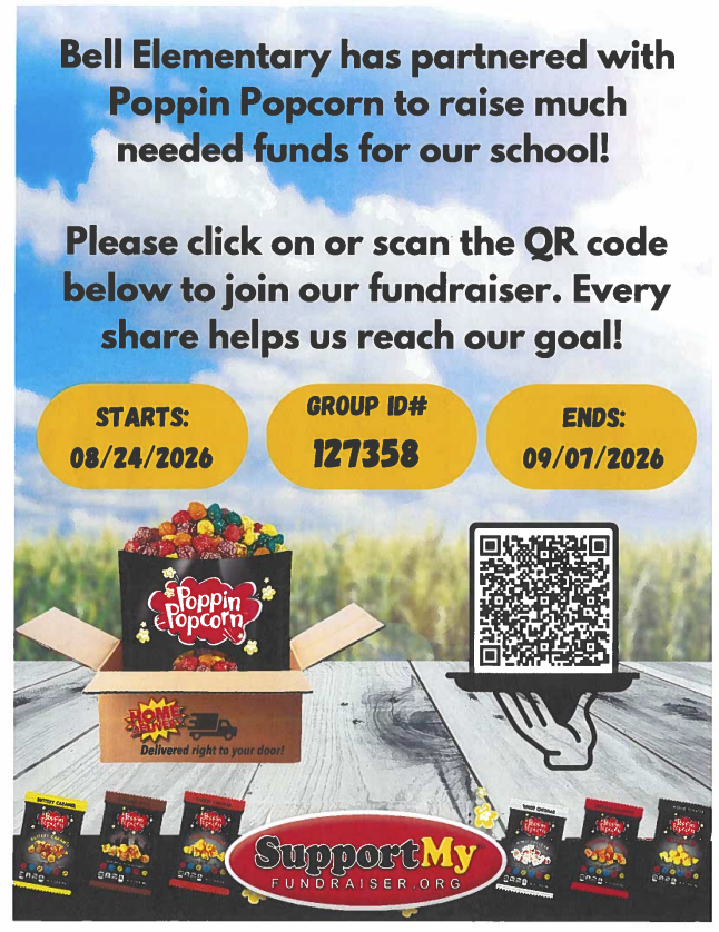 A poster advertises Bell Elementary's popcorn fundraiser. It includes a QR code, a box of popcorn, and a wooden table background.
