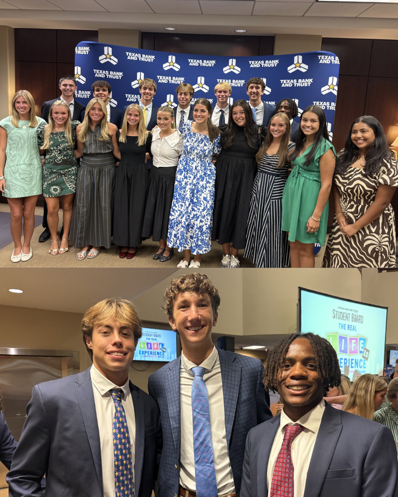 Groups of students stand together for photos. The first photo features students in formal wear. The second photo shows two students smiling in front of a screen.