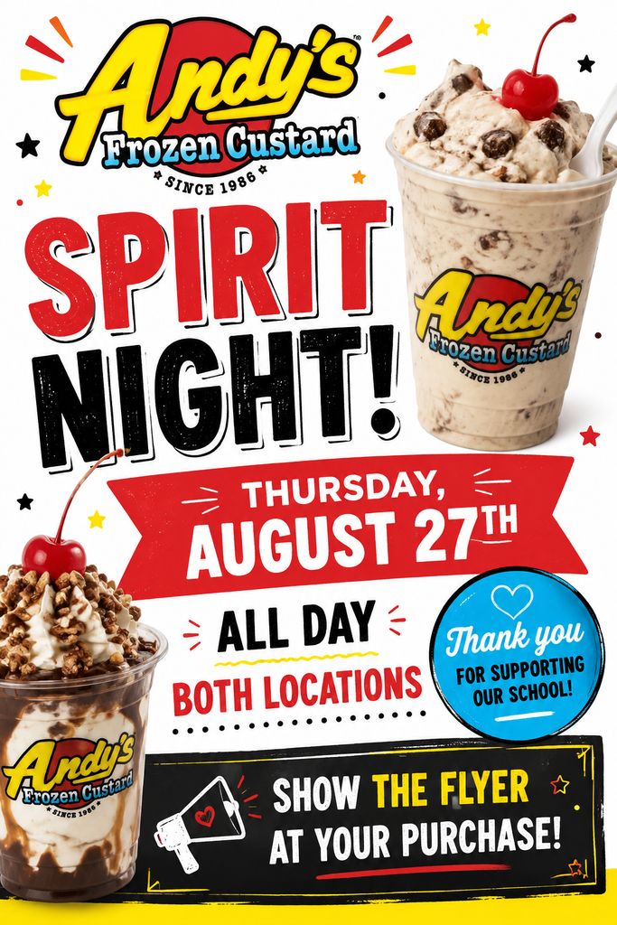 Andy's Frozen Custard Spirit Night benefiting the Rice PTA. Show the flyer and receive a dollar per purchase on August 27th at both Tyler locations.
