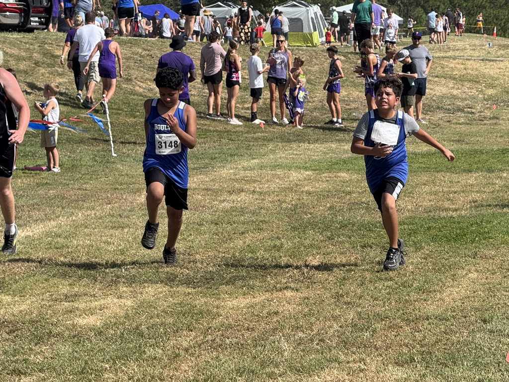 Athletes in blue and black running in a cross-country race on a grassy field. Spectators in the background.