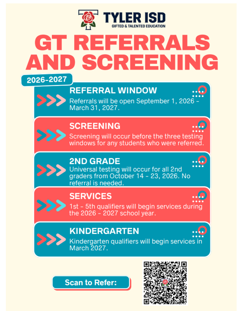 Flyer shows GT referrals and screening information for Tyler ISD Gifted and Talented Education. Dates, services, and grades are included.