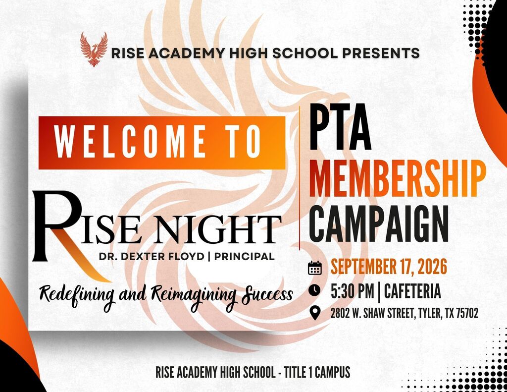 An event flyer from Rise Academy High School for a PTA Membership Campaign. It reads "Welcome to Rise Night" with details including the date, time, and location.