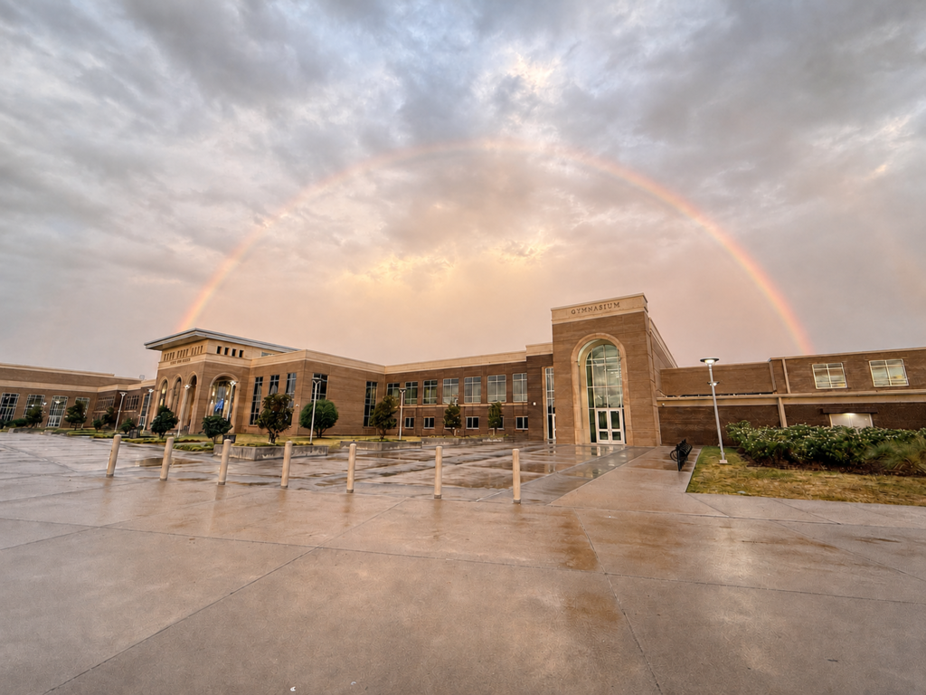 rainbow over Tyler High school after a night of rain