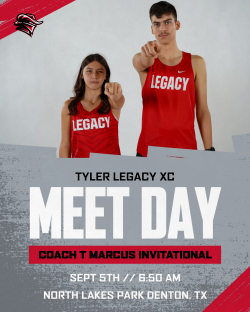 Two people in red Legacy shirts pose for a poster advertising Tyler Legacy XC Meet Day.