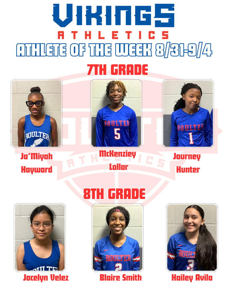 Vikings Athletics Athlete of the Week poster for August 31 to September 4, featuring six student athletes. Seventh Grade: JaβMiyah Hayward, McKenziey Lollar, and Journey Hunter. Eighth Grade: Jocelyn Velez, Blaire Smith, and Hailey Avila. Blue and red school branding appears on a light gray background.