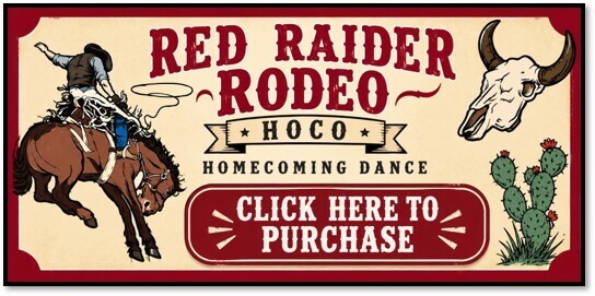 A banner features cowboy on a horse, a bull skull, a cactus, and text. The text reads "Red Raider Rodeo Hoco Homecoming Dance" and "Click Here to Purchase".