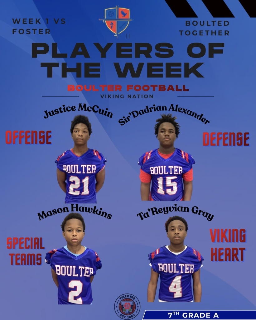 A blue background displays a poster with six young football players. Names and numbers are shown below each player. Categories include Offense, Defense, Special Teams.