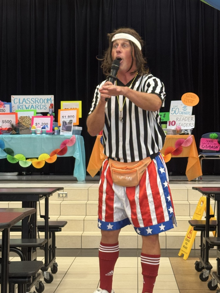 Read-a-thon Randy dressed up in his crazy outfit talking to students