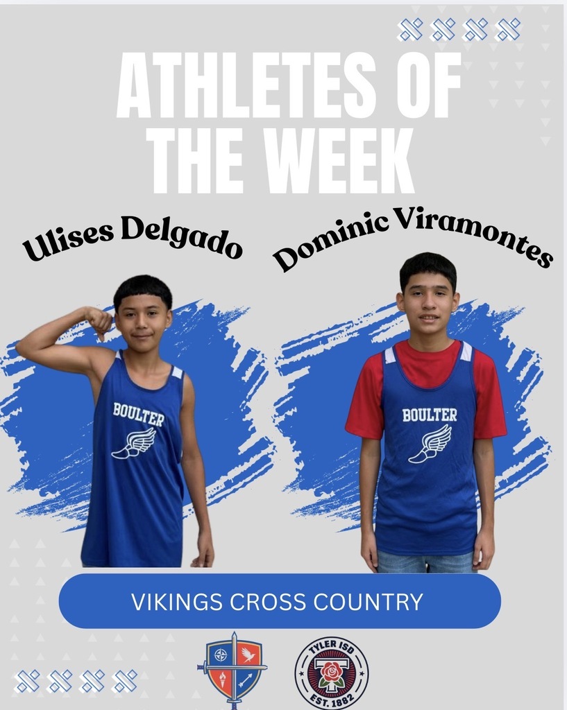 Two young boys in blue and red jerseys are standing together with a blue background. They are Athletes of the Week for Vikings Cross Country.