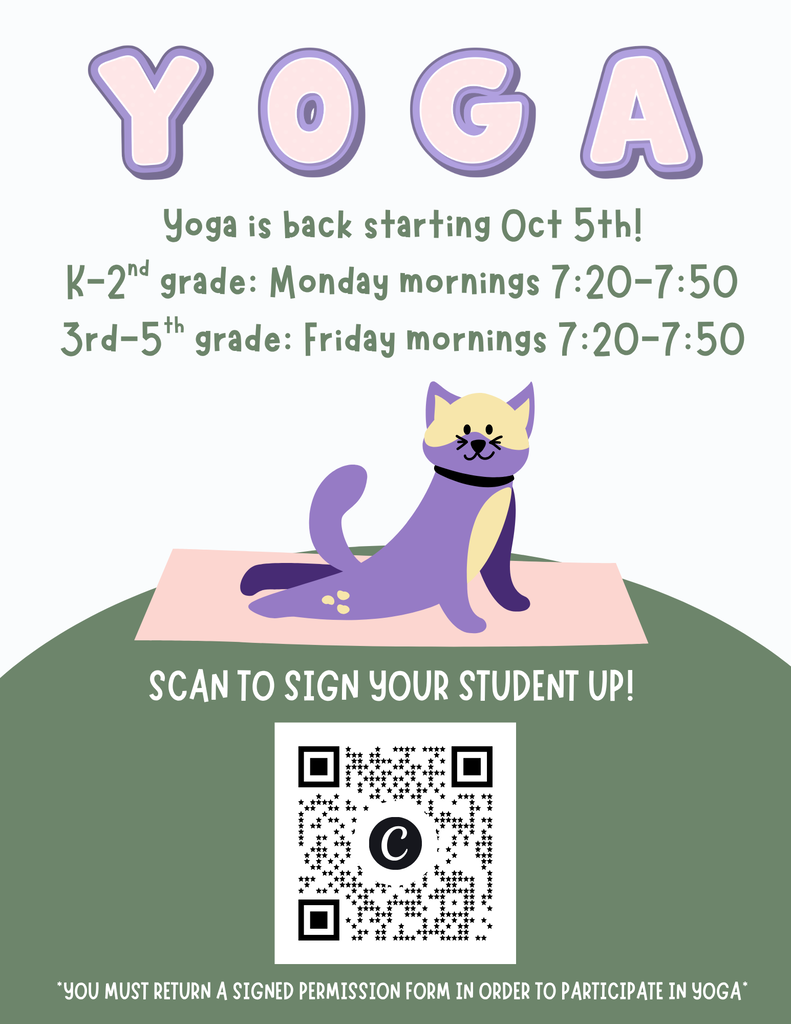 Poster with "Yoga" text, cat, schedule, and QR code. Cat on a yoga mat. Classes for grades K-2 and 3-5.