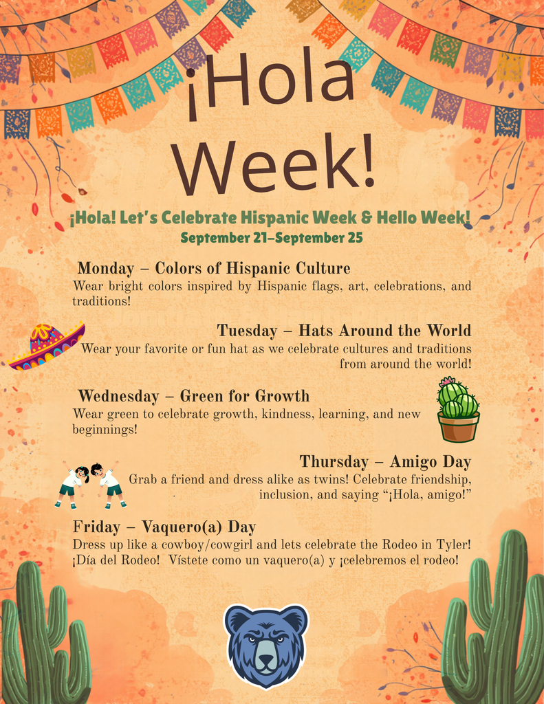 A poster with "Β‘Hola Week!" at the top. Sections list daily themes for Hispanic and Hello Week. Each theme has a graphic and a description.
