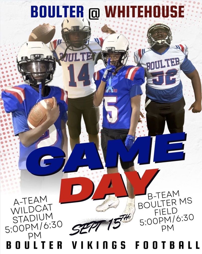 Poster showing four football players in blue jerseys with "GAME DAY" in bold, with "Boulter @ Whitehouse" at the top.