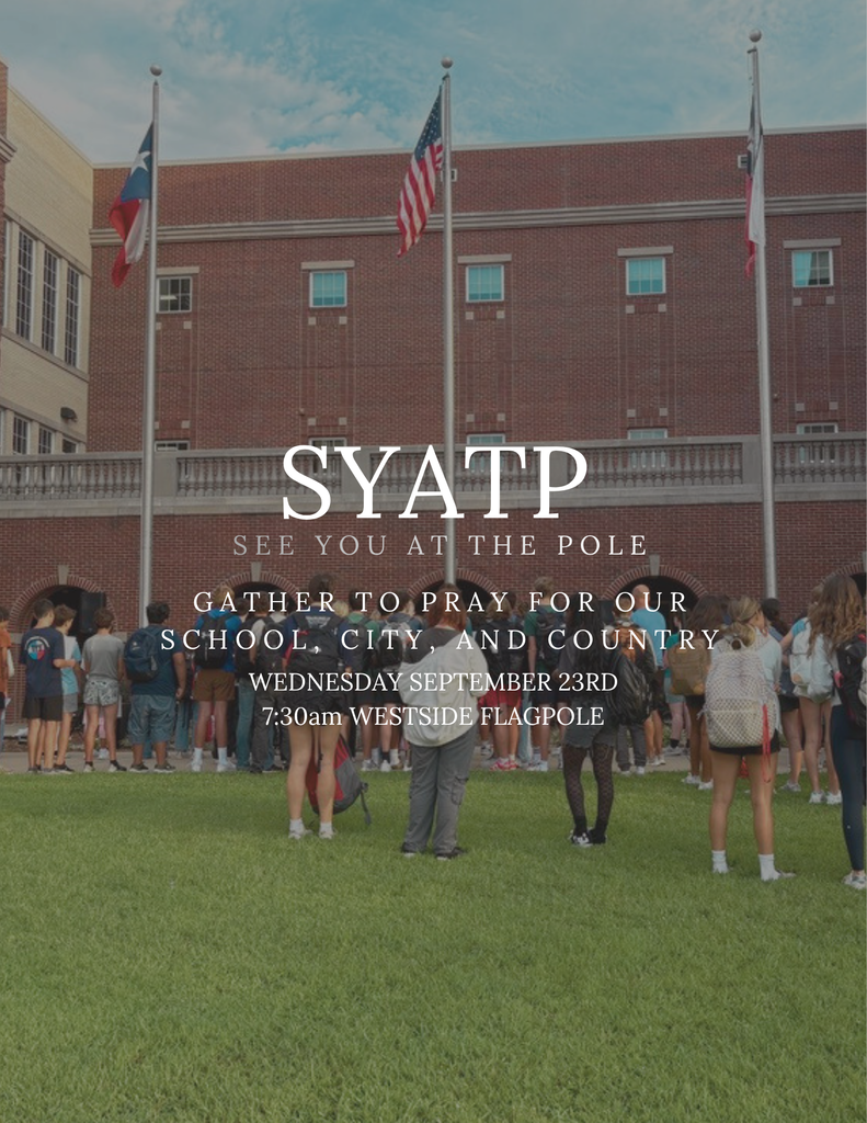 Group of students standing on a lawn in front of a brick building with flags. Text reads "SYAATP See You At The Pole".