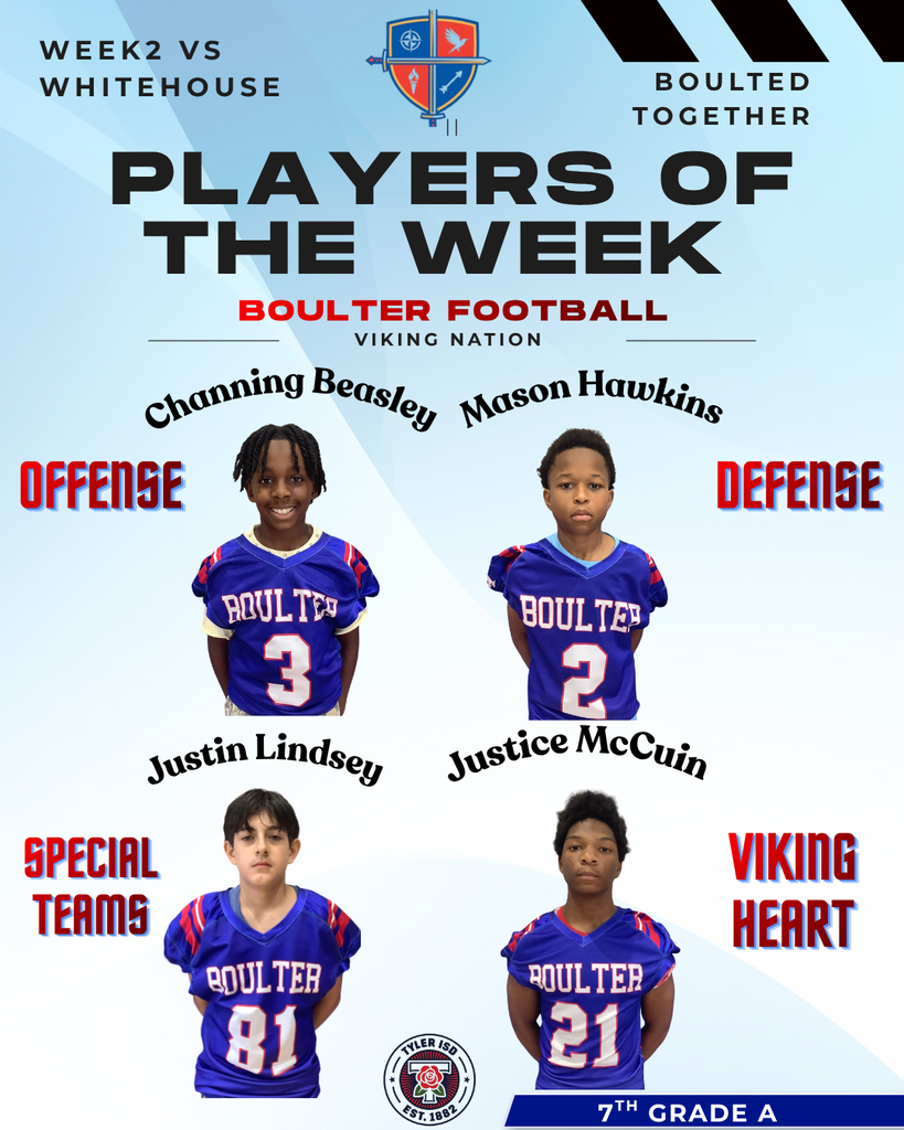 Poster for football team Players of the Week. Five children, three in blue jerseys and two in white.