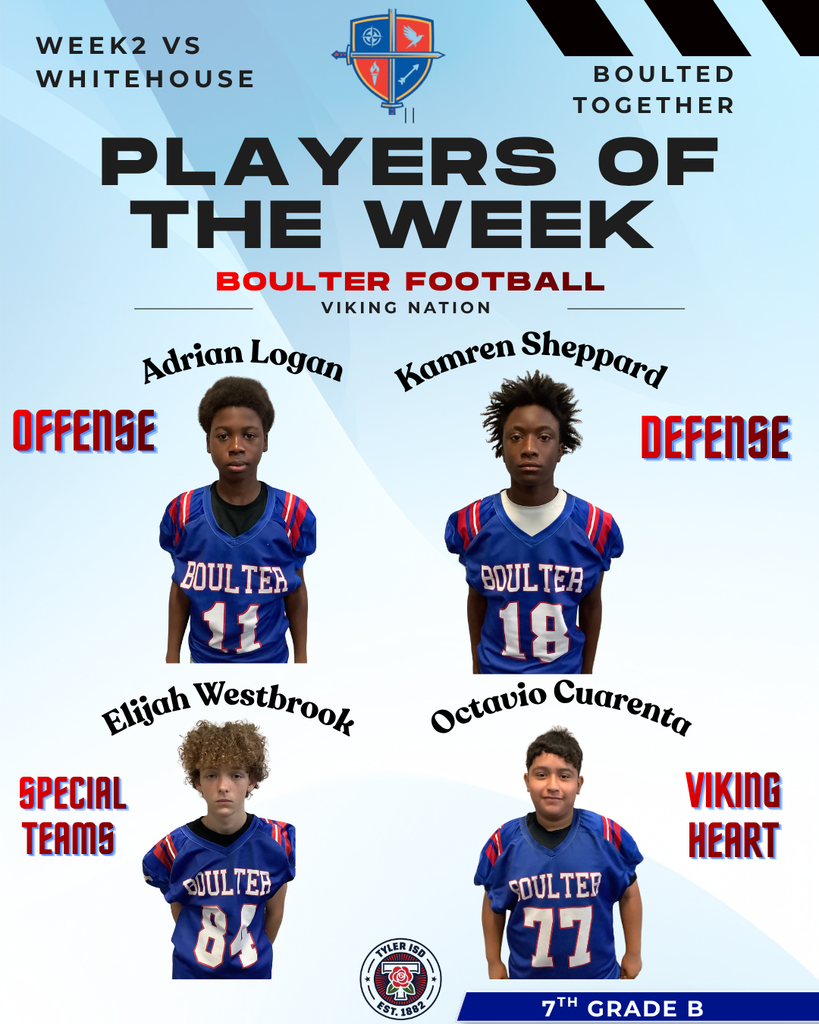 A sports team poster displays four players for week 2: Adrian Logan, Kamren Sheppard, Elijah Westbrook, and Octavio Cuarento.