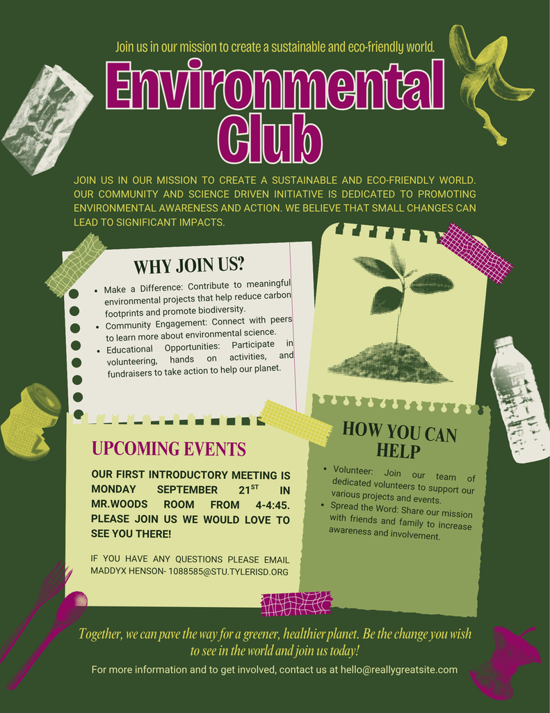 Green background with "Environmental Club" header. Sections include "Why Join Us," "How You Can Help," and "Upcoming Events." A plant, a banana, and a water bottle.