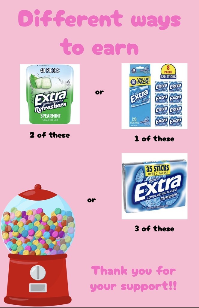 Pink background with "Different ways to earn" text. Three items: two gum packs, one box of gum sticks, and a gumball machine.