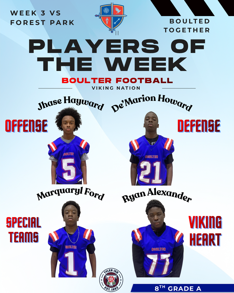 An announcement poster features four young athletes in blue jerseys labeled Offense, Defense, Special Teams, and Viking Heart, with their names below.
