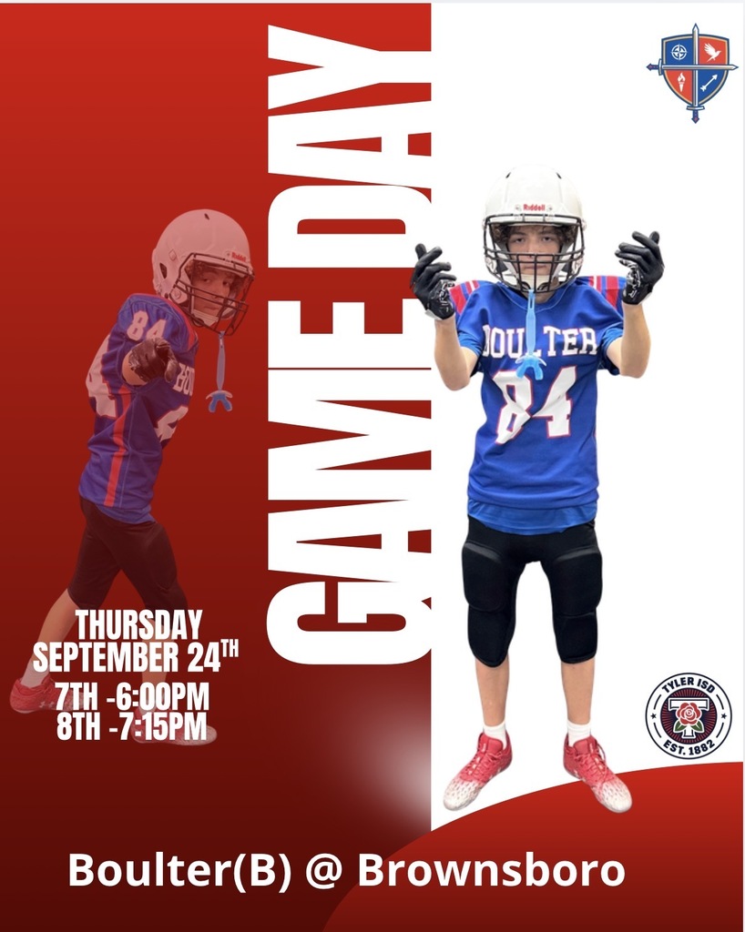 Poster with "Game Day" text and red/white background. Two football players, one in blue, one in red.