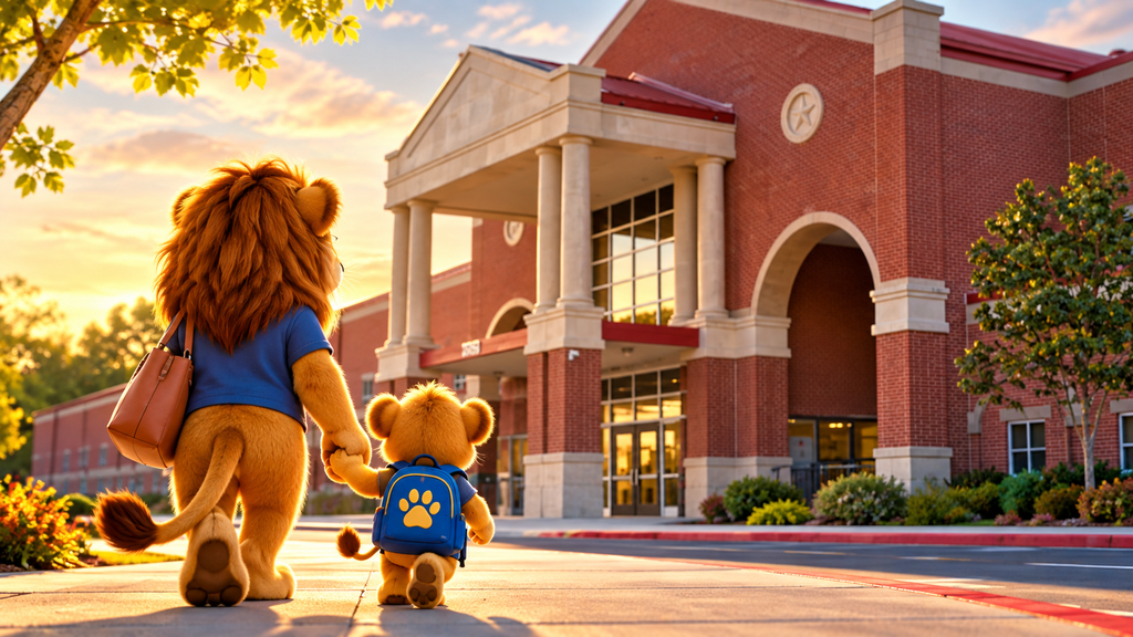 an adult lion walking with a lion cub towards a school 