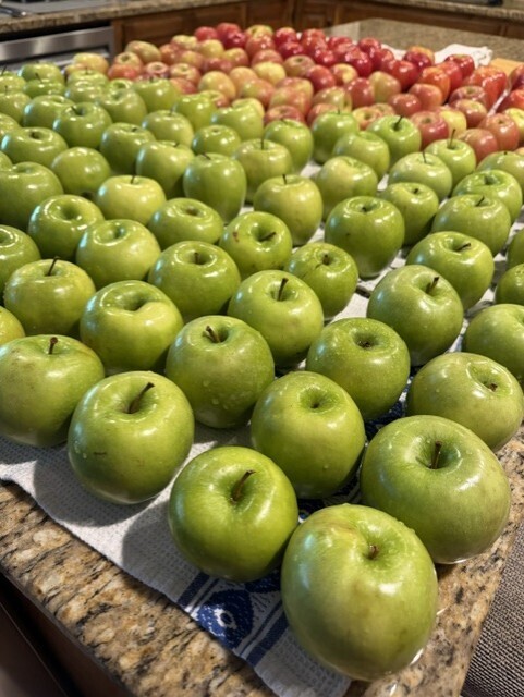 A kitchen table displays a variety of green and red apples on a blue and white cloth.