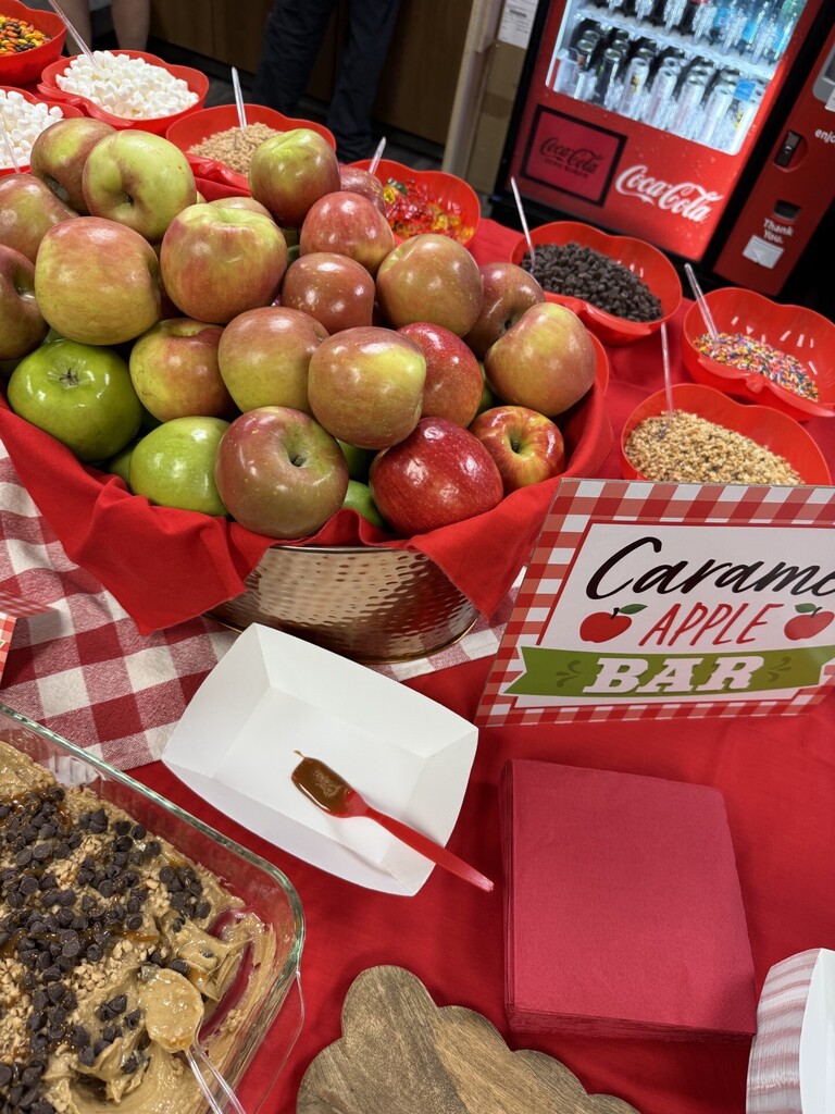 A table with a red and white checkered tablecloth has an apple bar with different toppings.