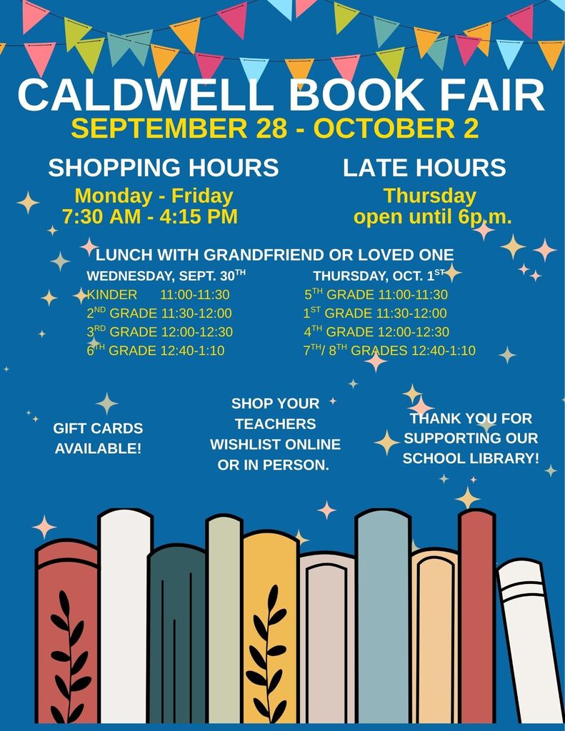 Event poster for Caldwell Book Fair. Dates: September 28-October 2. Shopping hours: Monday-Friday, 7:30-4:15 PM. Late hours on Thursday until 6 PM.