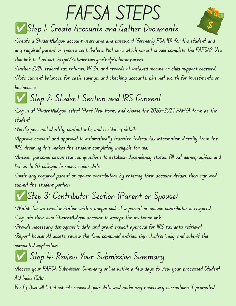 flyer giving steps to complete FAFSA