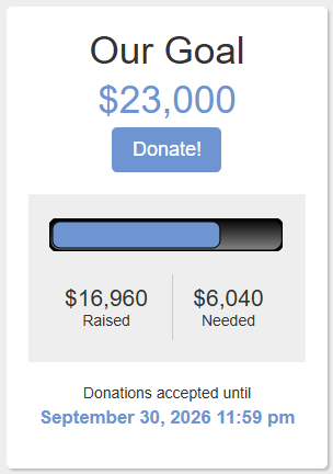 Goal is $23,000. Raised $16,960. $6,040 needed. Donations accepted until September 30, 2026.