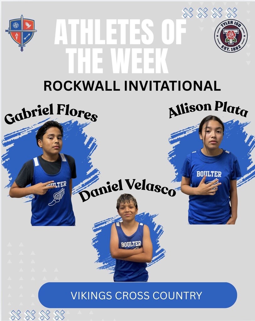 Blue background with "Athletes of the Week" text. Three students featured: Gabriel Flores, Allison Plata, and Daniel Velasco, all in blue jerseys.