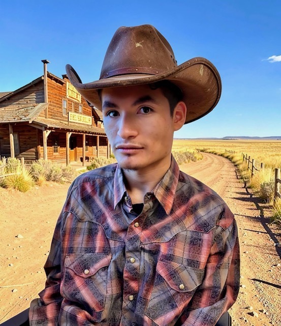 Student with western hat in front of a western scene