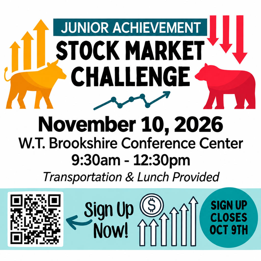 A poster advertises the Junior Achievement Stock Market Challenge on November 10, 2026, at the W.T. Brookshire Conference Center.