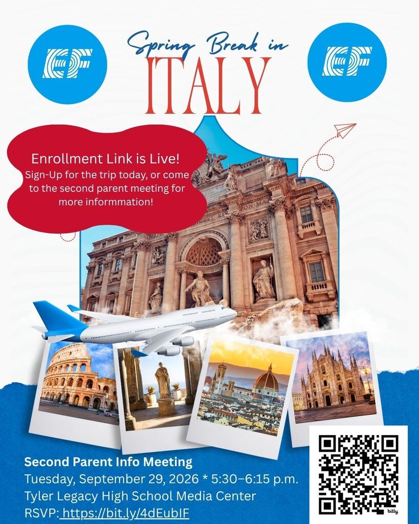 An event flyer features the text "Spring Break in Italy". Photos of Italy and a plane are below.