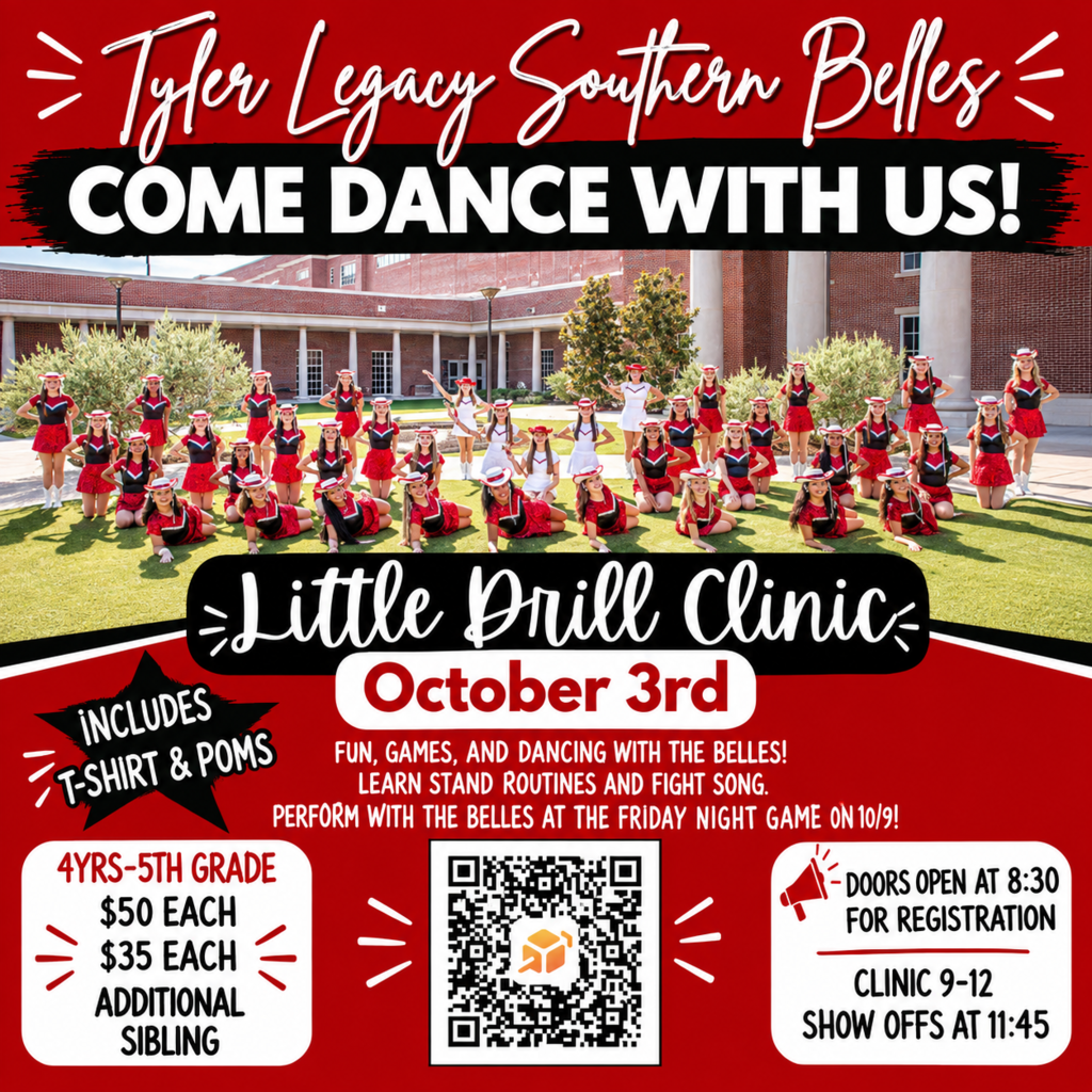 A flyer for a Tyler Legacy Southern Belles dance clinic on Oct. 3. It includes a group photo of dancers.