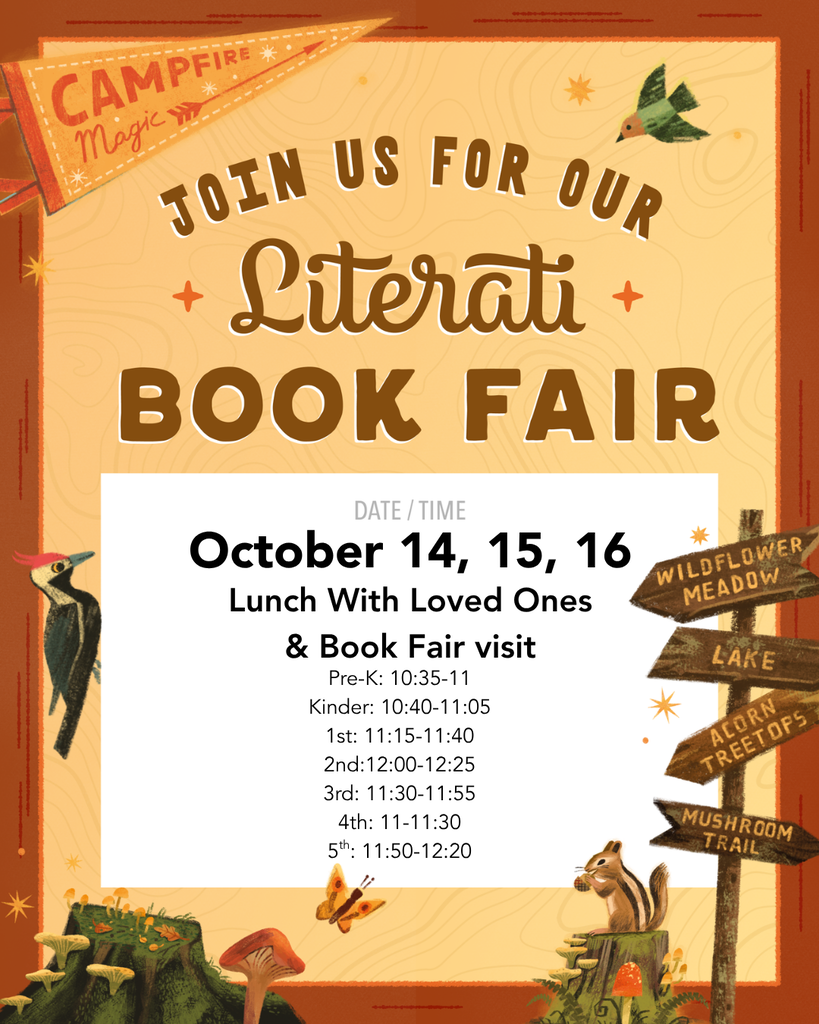Flyer with orange border, featuring a bird, squirrel, and flowers. Text reads "Join Us for Our Literacy Book Fair" and lists dates.