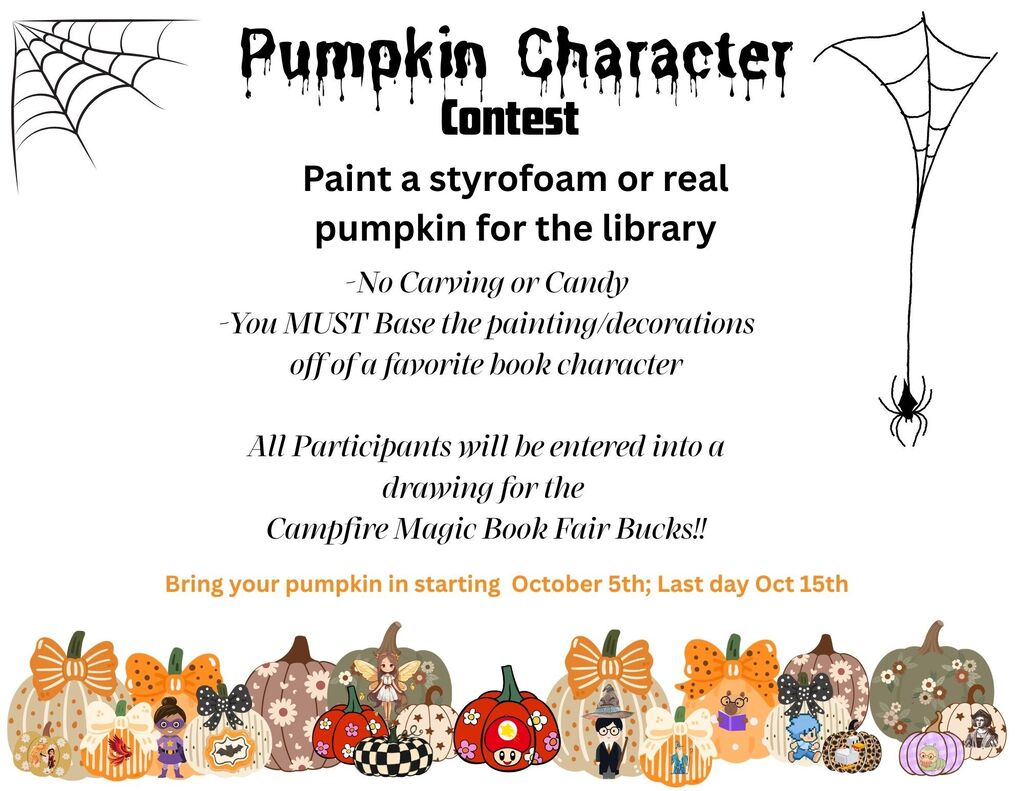 A contest poster invites participants to paint a pumpkin for the library. Pumpkins are decorated with various characters.