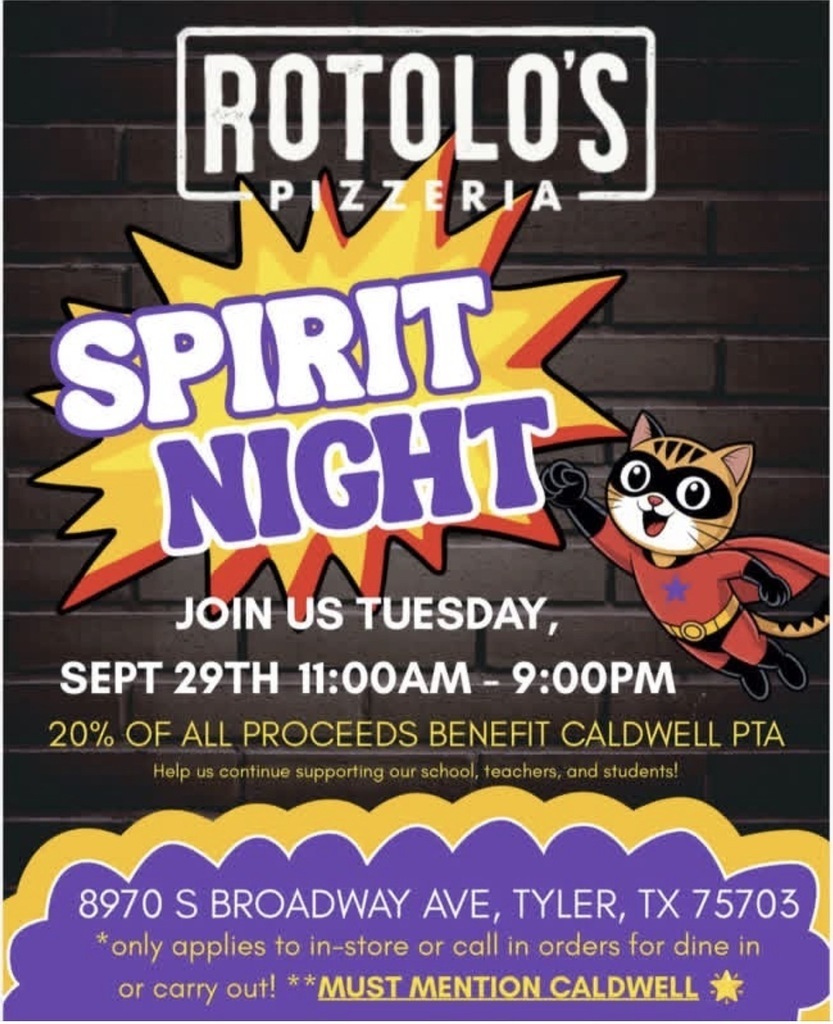 A flyer for Rotolo's Pizza Spirit Night on September 29th, 11:00 AM to 9:00 PM. It features a superhero cat.