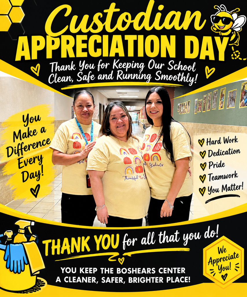 Custodian Appreciation Day poster featuring three Wayne D. Boshears Center custodians standing together in a school hallway. The poster uses black, yellow, and white graphics with cleaning-themed illustrations and a bee graphic. Text reads, βCustodian Appreciation Day,β βThank You for Keeping Our School Clean, Safe and Running Smoothly!β and βYou Make a Difference Every Day!β The poster recognizes the custodians for their hard work, dedication, pride, teamwork, and contributions to keeping the Boshears Center a cleaner, safer, brighter place. It concludes with, βThank You for all that you do! We Appreciate You!β