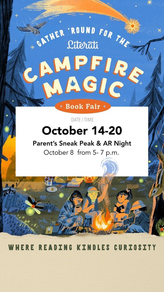 Poster for a book fair. Illustration of people around a campfire. Text: Gather Round for the Literature Magic. Date: October 14-20.